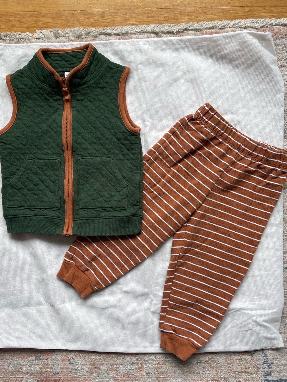 Carter's Green Quilted Vest with Brown Striped Joggers